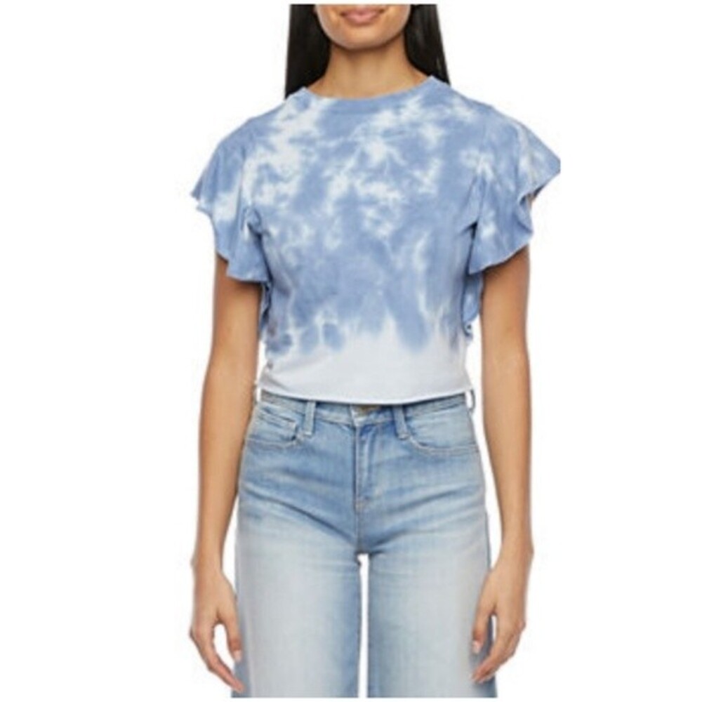 Crew‎ Neck Ruffle Short Sleeve Blue Wash Top Size Junior 3X